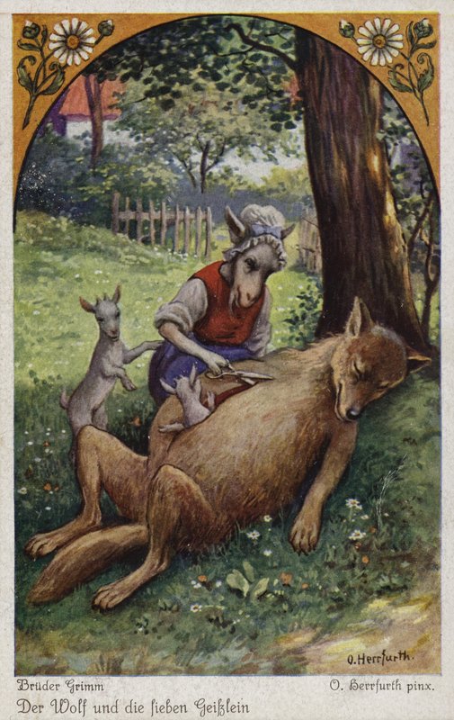 Scen från Vargen och de sju unga barnen, av bröderna Grimm av Oskar Herrfurth