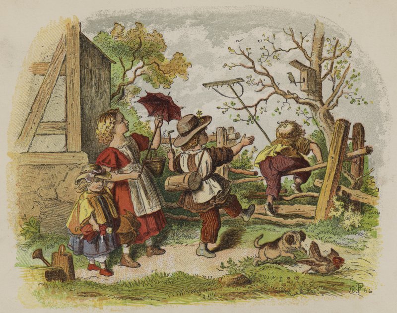 Grupp barn som leker utomhus (färg litho) av Oskar Pletsch