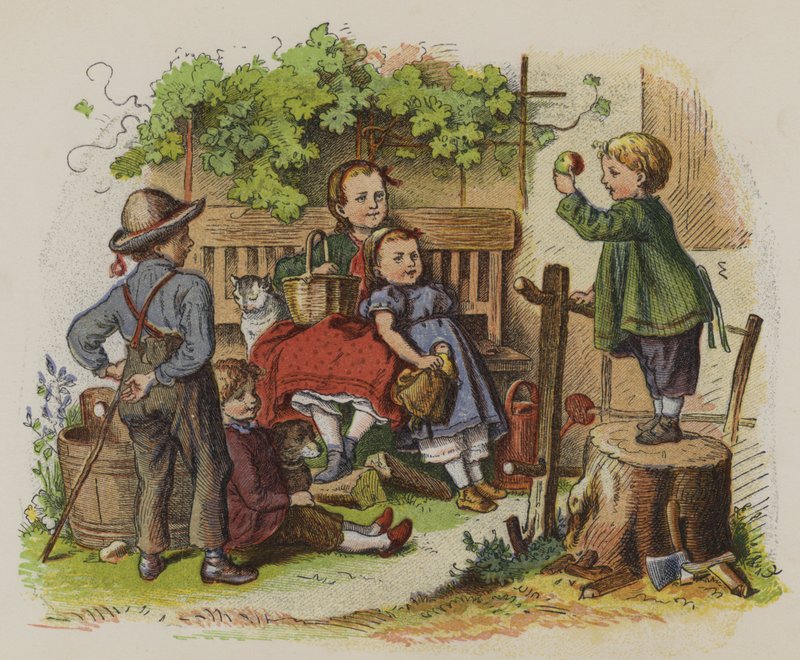 Grupp barn som leker utomhus (färg litho) av Oskar Pletsch