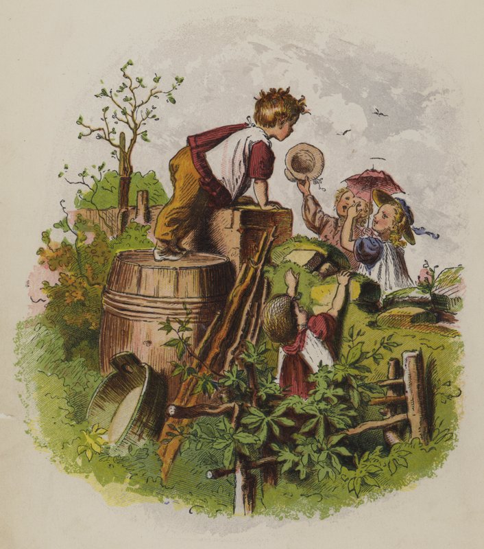 Grupp barn som leker utomhus (färg litho) av Oskar Pletsch