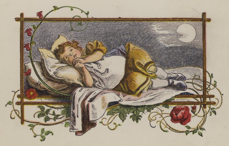 Liten flicka sover i sin säng på natten (färg litho) av Oskar Pletsch