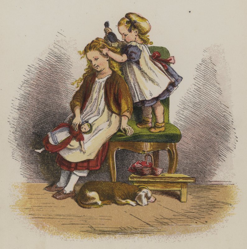 Liten flicka borstar sin systers hår (färg litho) av Oskar Pletsch