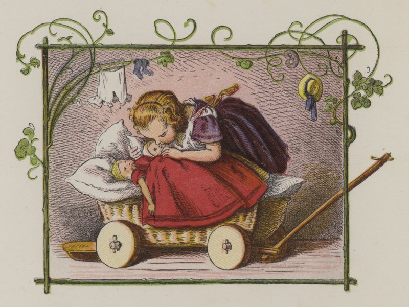 Liten flicka kysser sina dockor godnatt (färg litho) av Oskar Pletsch