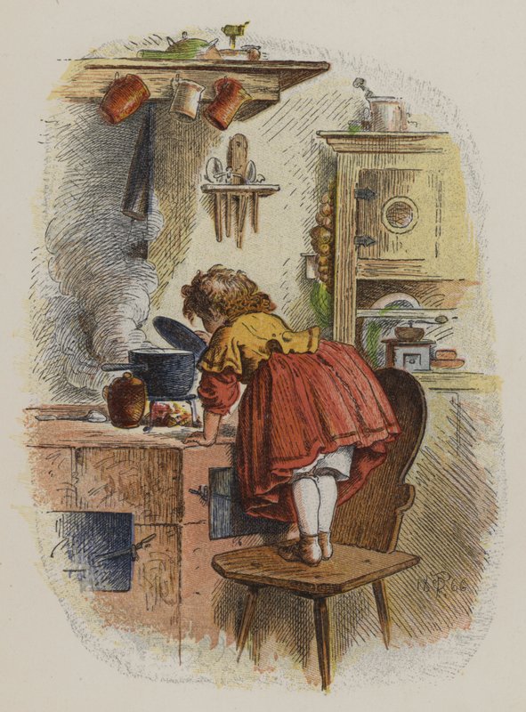 Liten flicka tittar in i en kastrull på en spis (färg litho) av Oskar Pletsch