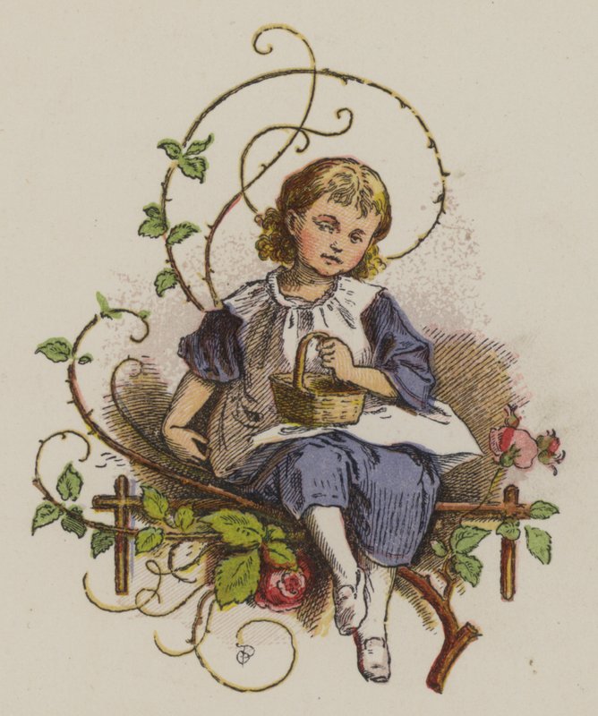 Liten flicka som sitter och håller en korg (färg litho) av Oskar Pletsch