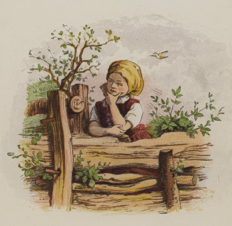 Eftertänksam flicka lutad mot ett staket (färg litho) av Oskar Pletsch