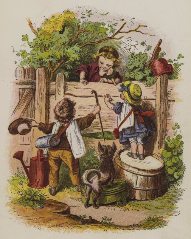 Tre barn pratar över ett trädgårdsstaket (färg litho) av Oskar Pletsch