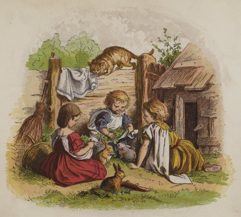 Tre flickor som leker med sina husdjurskaniner, bevakade av en katt (färg litho) av Oskar Pletsch