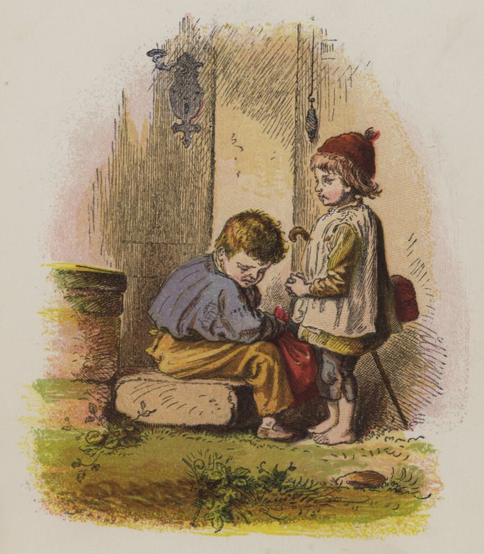 Två pojkar på en tröskel av ett hus (färg litho) av Oskar Pletsch