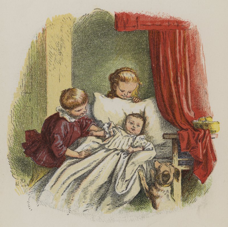 Ung pojke och flicka tittar på en baby (färg litho) av Oskar Pletsch