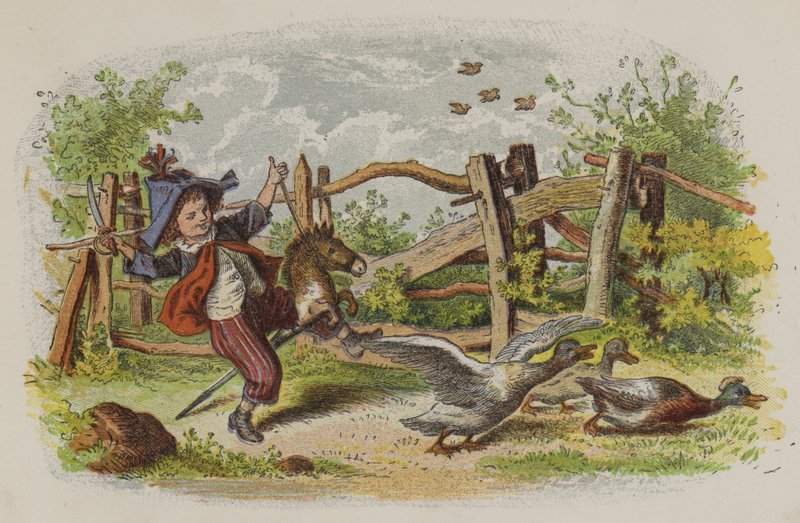 Ung pojke som leker på sin hobbyhäst och skrämmer en grupp gäss (färg litho) av Oskar Pletsch