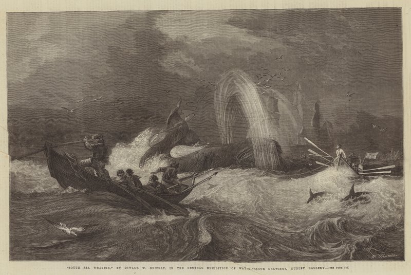 South Sea Whaling, i den allmänna utställningen av vattenfärgsteckningar, Dudley Gallery av Oswald Walters Brierly