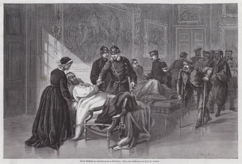 Kung Wilhelm I av Preussen möter sårade soldater i Palais de Versailles, Frankrike, fransk-preussiska kriget av Otto Johann Heinrich Heyden