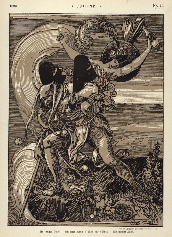 En ung kvinna - en gammal man - en hård nöt - en ihålig tand (litho) av Otto Seitz