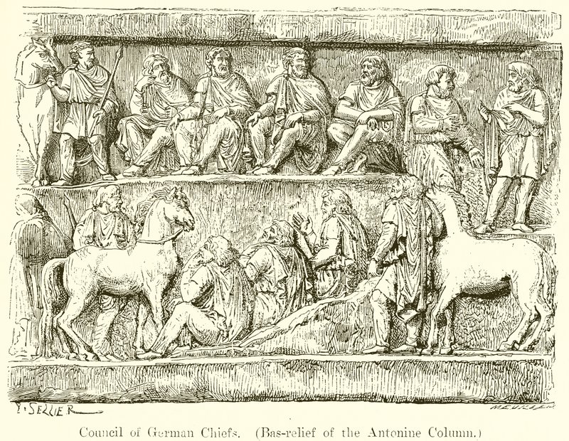 Rådet av tyska hövdingar. (Bas-Relief av den Antoninska kolonnen) av P. Sellier