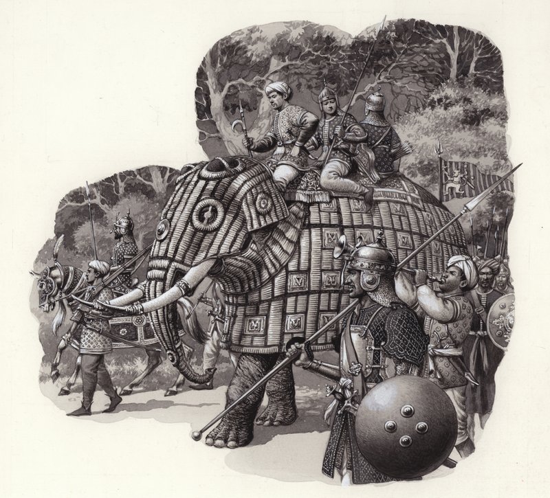 Bepansrad elefant från kinesiska armén (gouache på papper) av Pat (1907-95) Nicolle