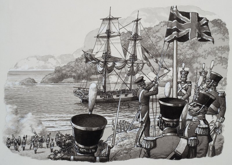 Ankomst till Western Australia den 21 januari 1827 (gouache på papper) av Pat (1907 95) Nicolle