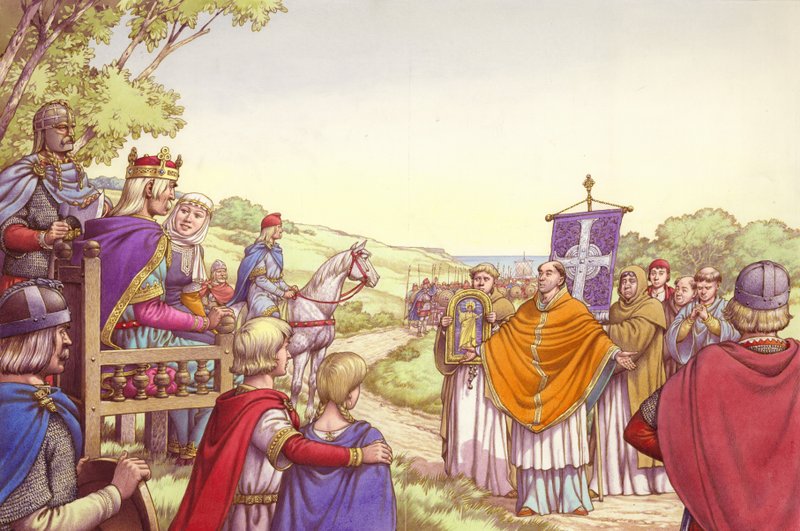 Augustinus inför kung Ethelbert och hans drottning Bertha (gouache på papper) av Pat (1907-95) Nicolle
