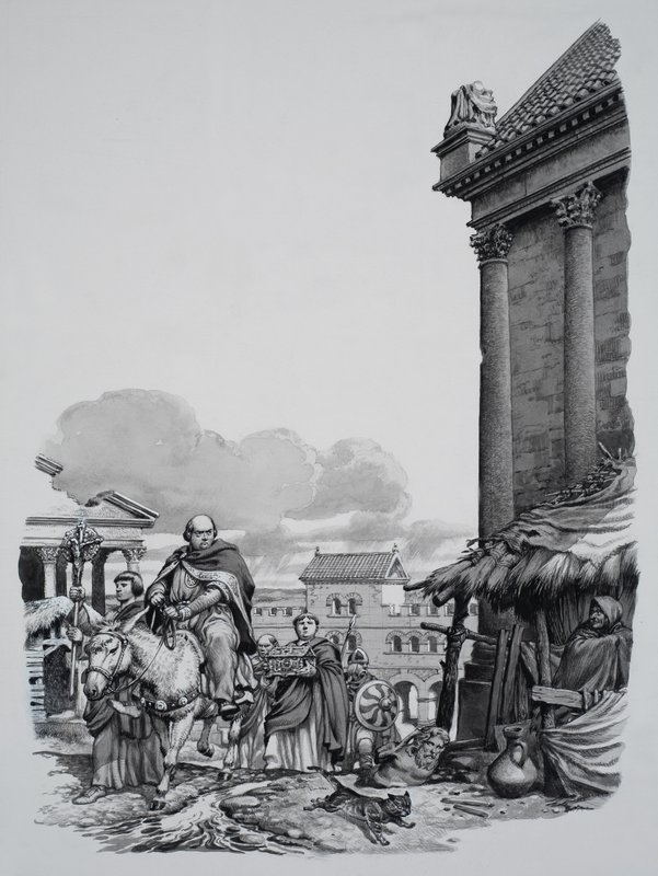 Biskop Mellitus (d.624) anländer till London (gouache på papper) av Pat (1907-95) Nicolle