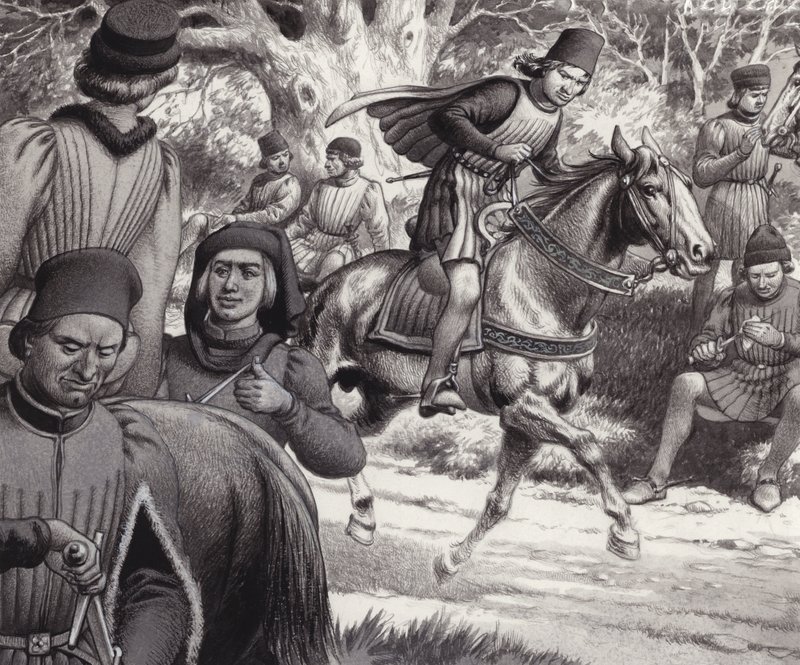 Konspiratörerna tittar på när Lorenzo de Medici rider förbi (gouache på papper) av Pat (1907-95) Nicolle