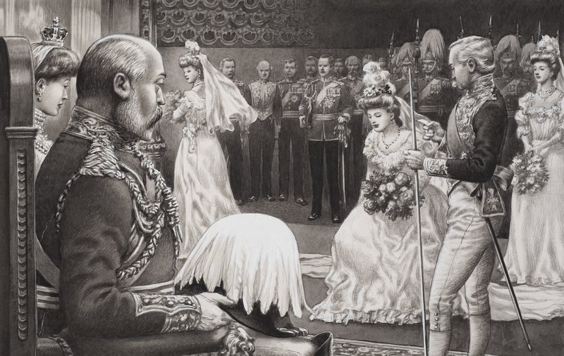 Debutanter presenteras för Edward VII (1844-1925) och drottning Alexandra (1841-1910) (gouache på papper) av Pat (1907-95) Nicolle