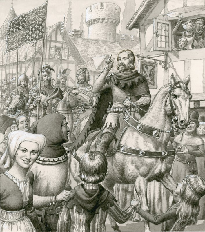 Edward III:s triumferande hemkomst (gouache på papper) av Pat (1907-95) Nicolle