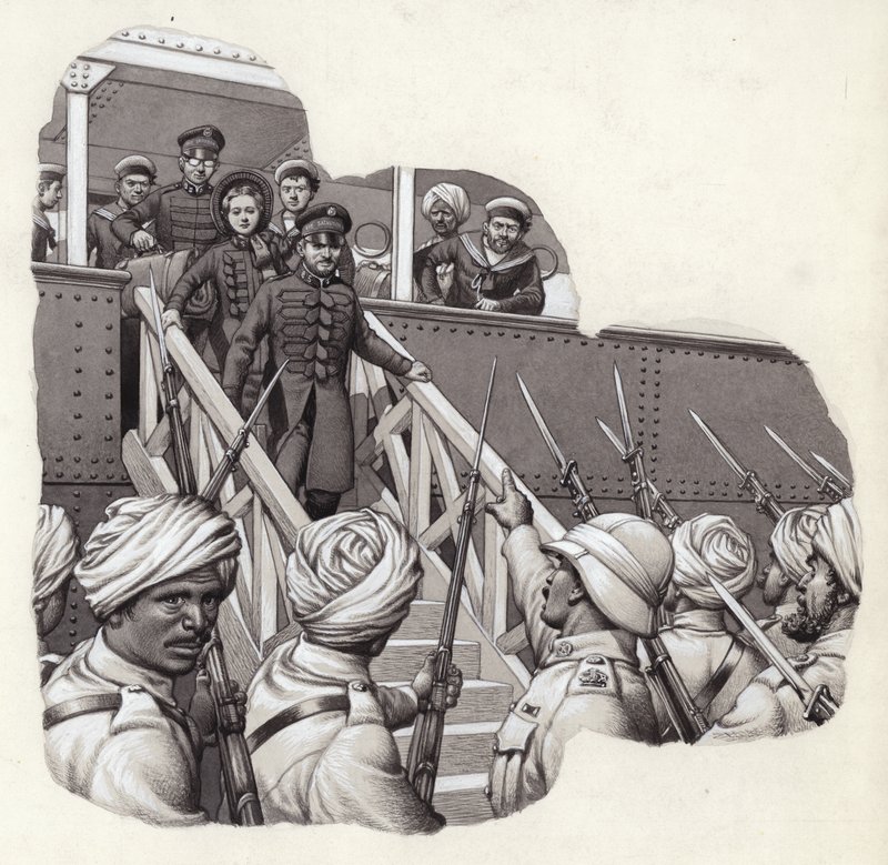 Frederick Tucker från Frälsningsarmén anländer till Bombay (gouache på papper) av Pat (1907-95) Nicolle