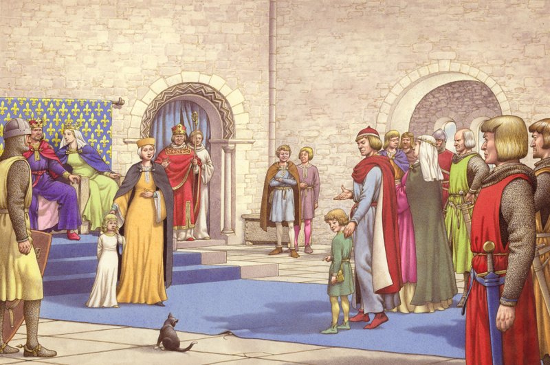 Henrik III gifte sig med Margareta av Frankrike när han bara var fem år (gouache på papper) av Pat (1907-95) Nicolle