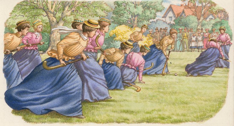 Hockey, som den spelas av kvinnor i långa kjolar (gouache på papper) av Pat (1907-95) Nicolle