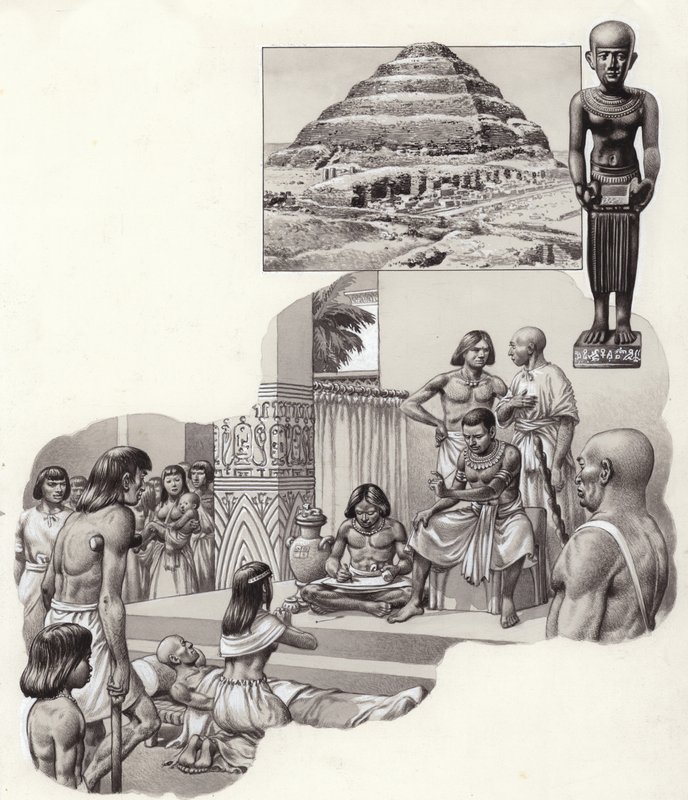 Imhotep "den gode läkaren" ger råd till en sjuk man (gouache på papper) av Pat (1907-95) Nicolle