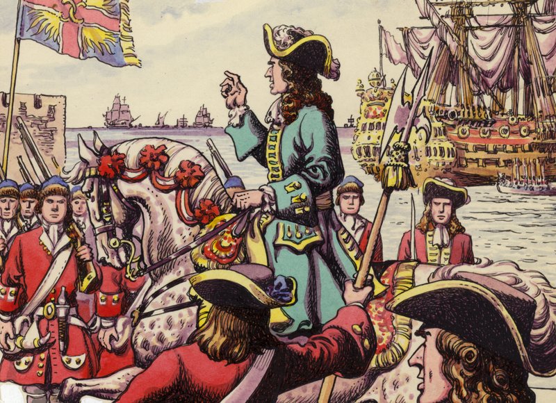 Kung William III landstiger i Carrickfergus (gouache på papper) av Pat (1907-95) Nicolle