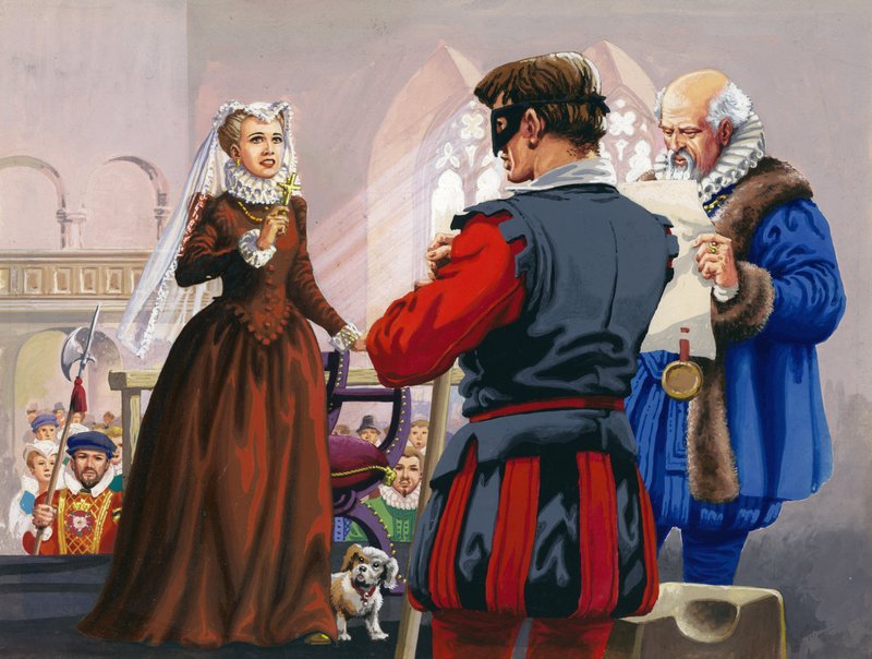 Mary Queen of Scots på väg att halshuggas på Fotheringay Castle (gouache på papper) av Pat (1907-95) Nicolle
