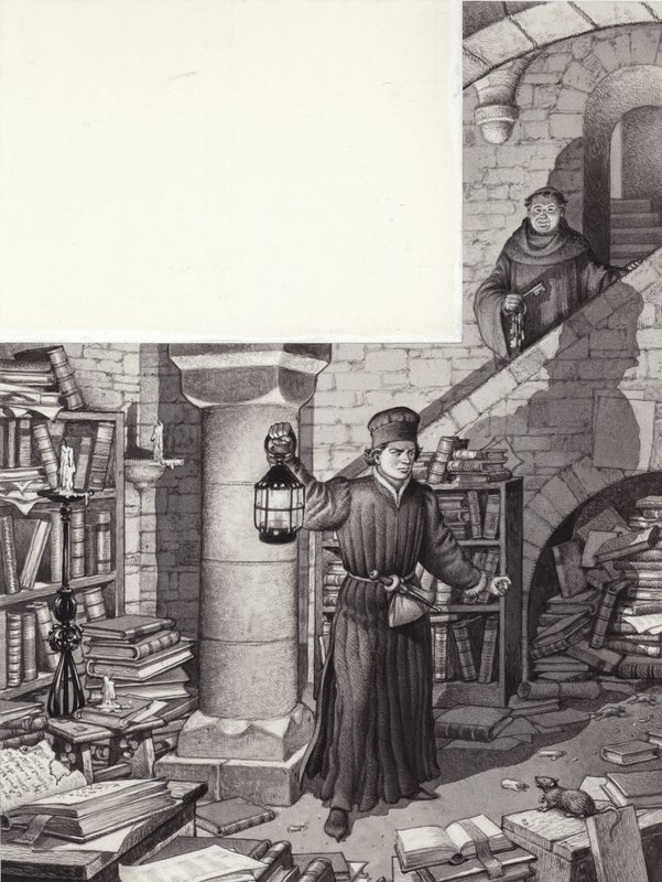 Poggio Bracciolini i det försummade biblioteket i klostret St Gall (gouache på papper) av Pat (1907-95) Nicolle