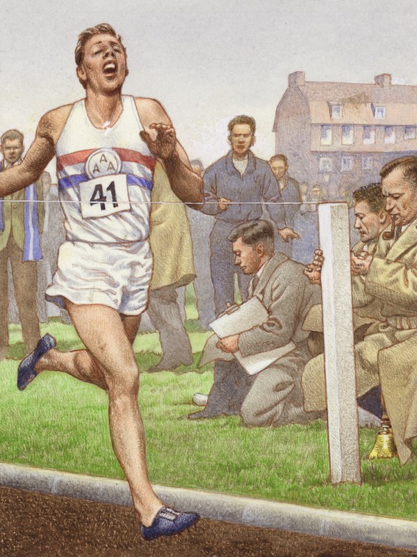 Roger Bannister springer den första milen på fyra minuter (gouache på papper) av Pat (1907-95) Nicolle