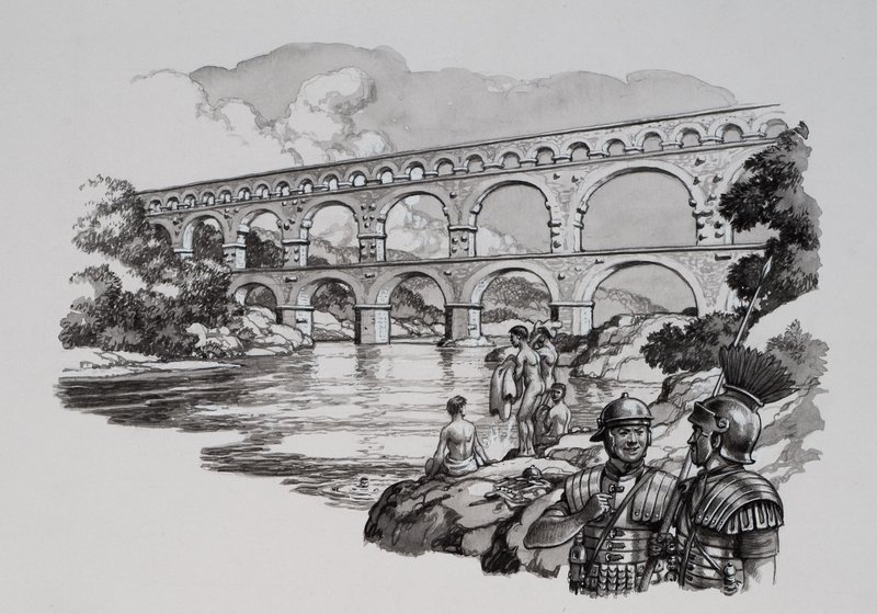 Roman Aqueduct (gouache på papper) av Pat (1907-95) Nicolle