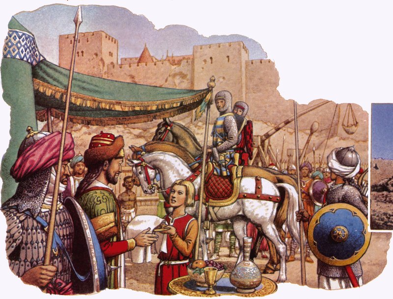 Saladin besegrar Kerak Castle av Pat (1907-95) Nicolle