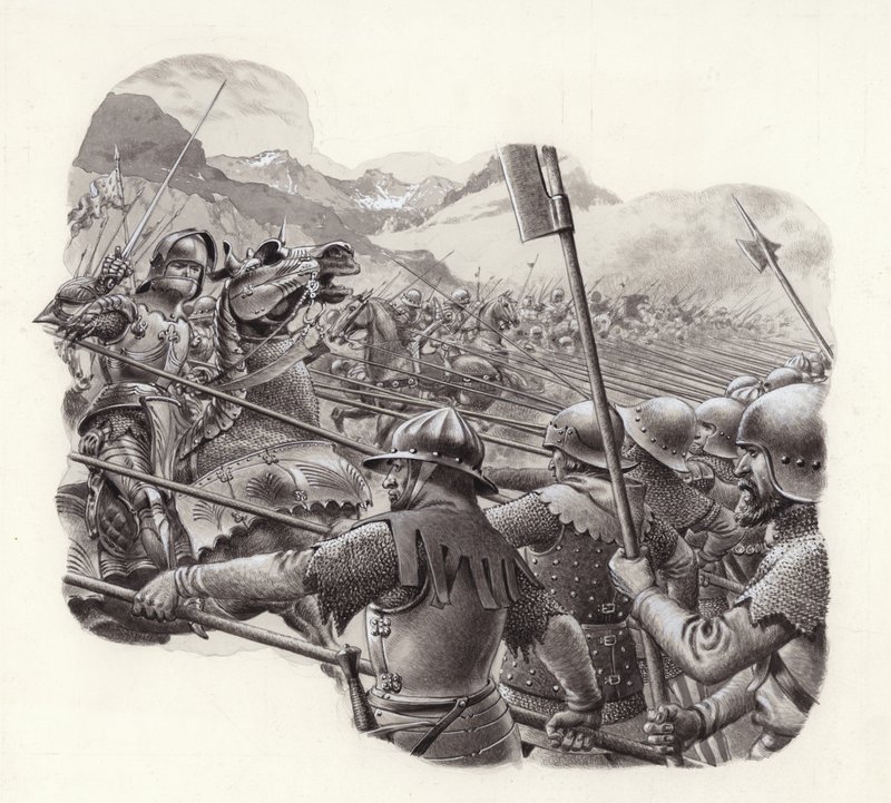 Schweiziskt infanteri på 1400-talet (gouache på papper) av Pat (1907-95) Nicolle