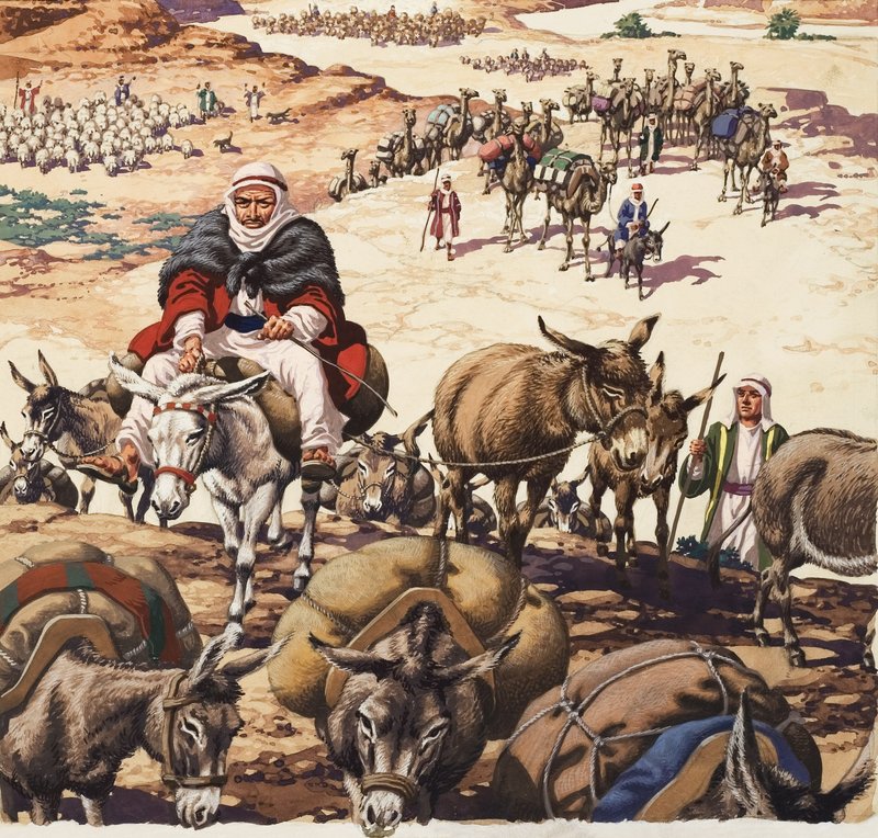 Återkomsten till Kanaan, ur berättelsen om Jakob (gouache på papper) av Pat (1907-95) Nicolle