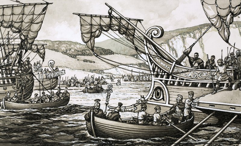 Romarna under Julius Caesar landsteg 55 f.Kr. i Dover efter en bister kamp av Pat (1907-95) Nicolle