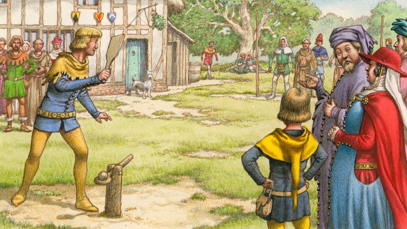 Trap-ball, som den kunde ha setts av Chaucers pilgrimer (gouache på papper) av Pat (1907-95) Nicolle
