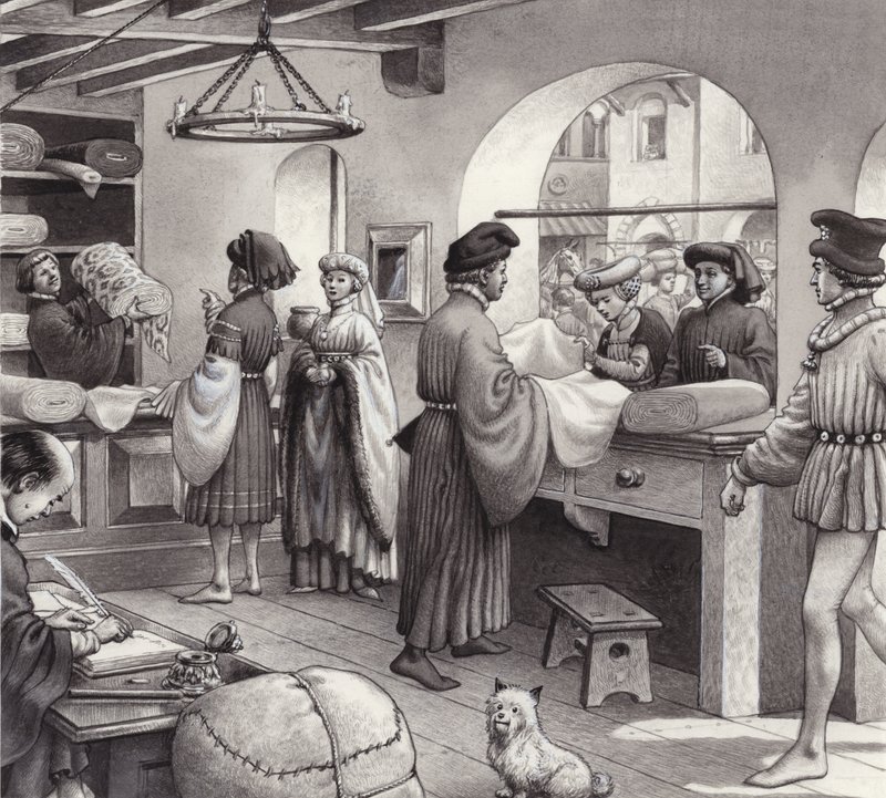 En tyghandlares butik i renässansens Italien (gouache på papper) av Pat (1907 95) Nicolle