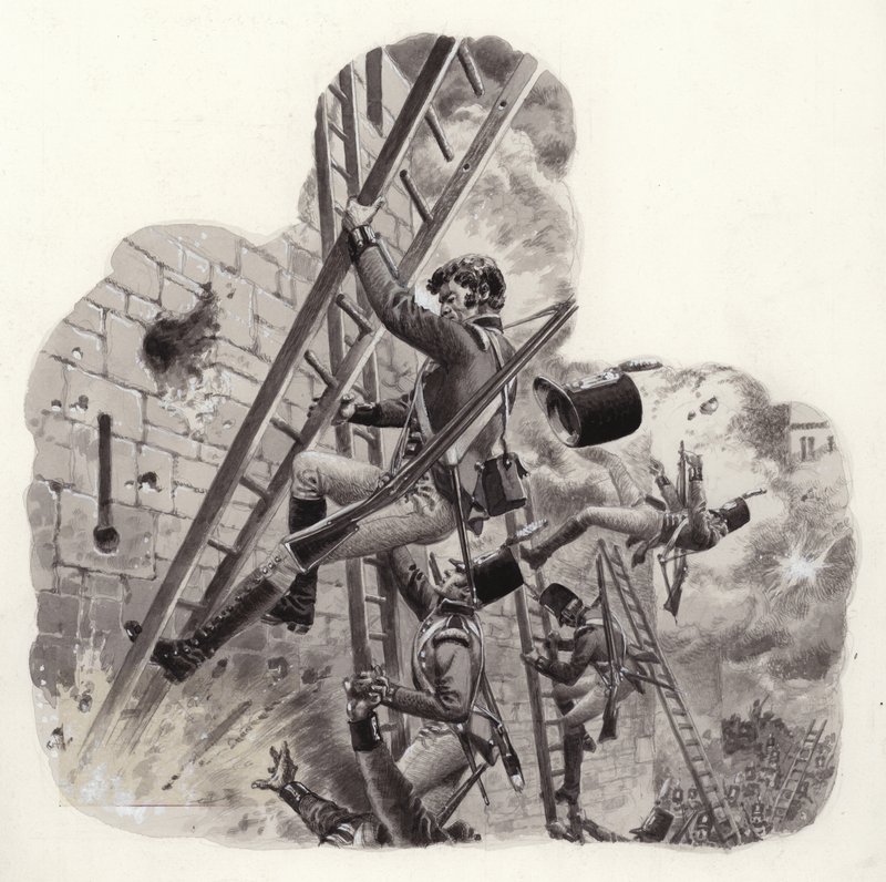 Brittiska soldater under beskjutning av fransmän under anfallet mot Badajoz (gouache på papper) av Pat (1907 95) Nicolle