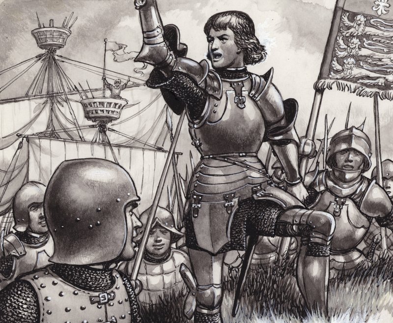 Edward, Earl of March, landstiger vid Ravenspur 1471 (gouache på papper) av Pat (1907-95) Nicolle