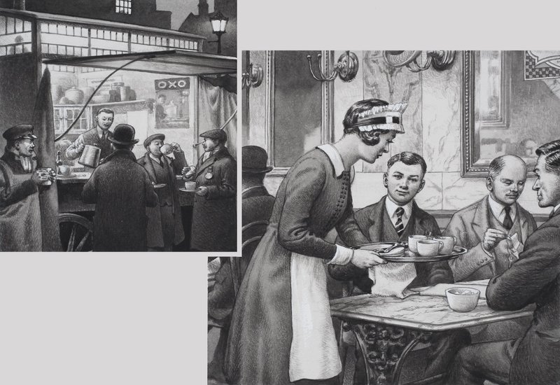Edwardian Coffee Stall and Teashop (gouache på papper) av Pat (1907 95) Nicolle