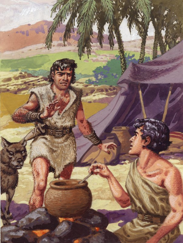 Esau ber sin bror Jakob om mat (gouache på papper) av Pat (1907 95) Nicolle