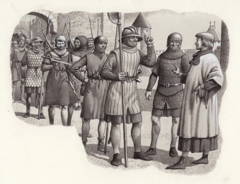 Fotsoldater från 1300-talet (gouache på papper) av Pat (1907 95) Nicolle