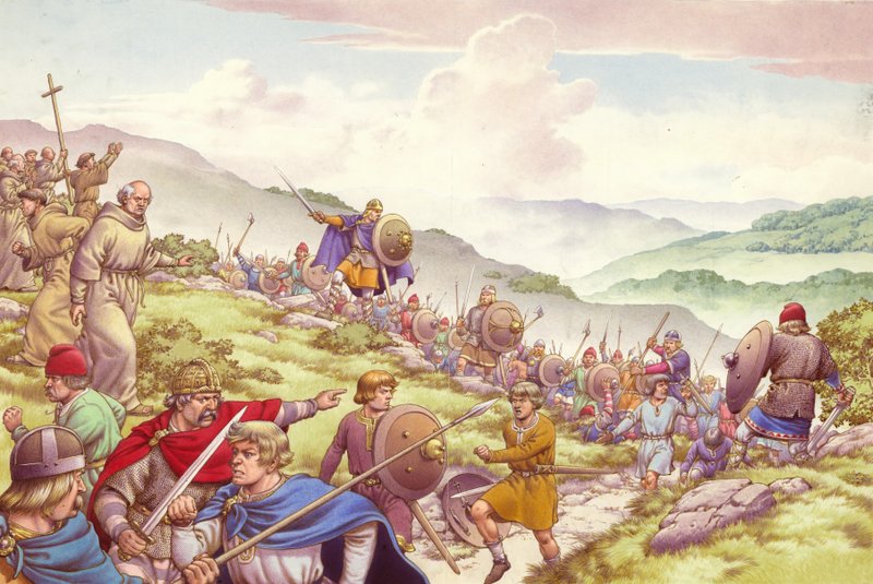 Kung Aethelfrith skickar soldat för att slakta tolvhundra munkar (gouache på papper) av Pat (1907 95) Nicolle
