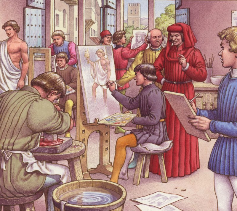 Lorenzo de Medici besöker konstnärsskolan (gouache på papper) av Pat (1907 95) Nicolle