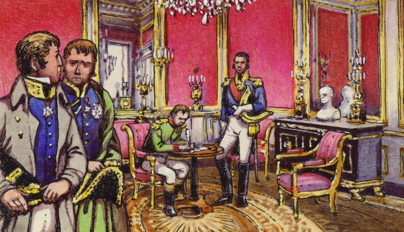 Napoleon undertecknar abdikationsdokumentet i Fontainbleau-palatset (gouache på papper) av Pat (1907-95) Nicolle
