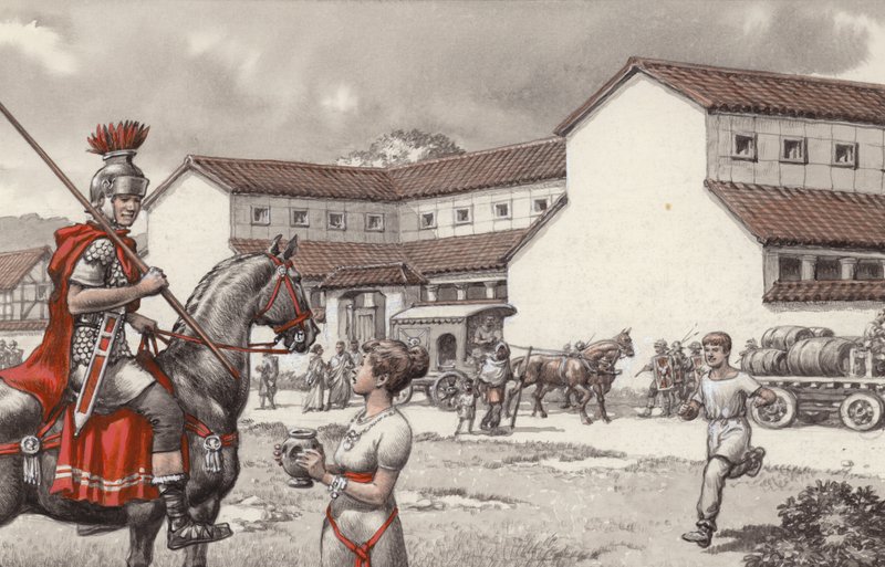 Posthus i det romerska Britannien (gouache på papper) av Pat (1907 95) Nicolle
